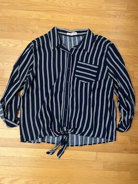 Navy and White Stripe Button-Up Shirt